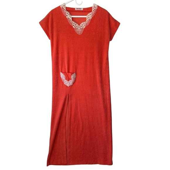 Shadowline Vintage 70s Terry Cloth Maxi Dress Swim Coverup Size S Orange Lace - Picture 1 of 14